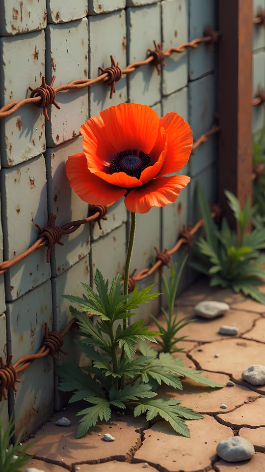 Red Poppy Against Rusty Fence