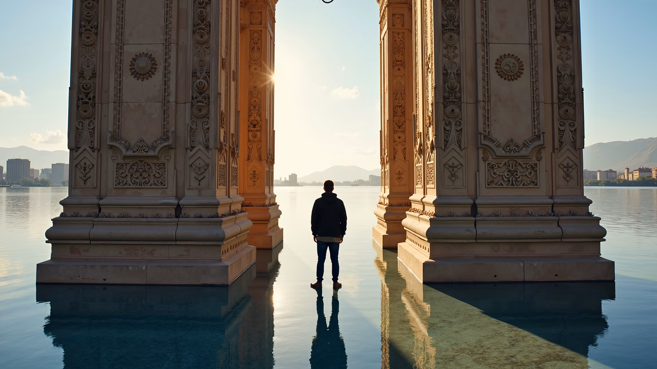 Solitary figure between ornate pillars, reflecting on tranquility and introspection.