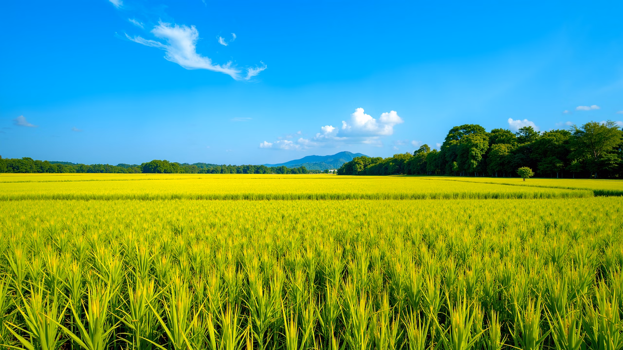 Golden rice fields under a clear blue sky, serene natural beauty.