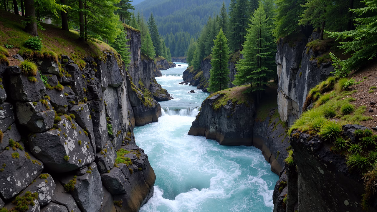 Rugged cliffs and turquoise river in a serene landscape.