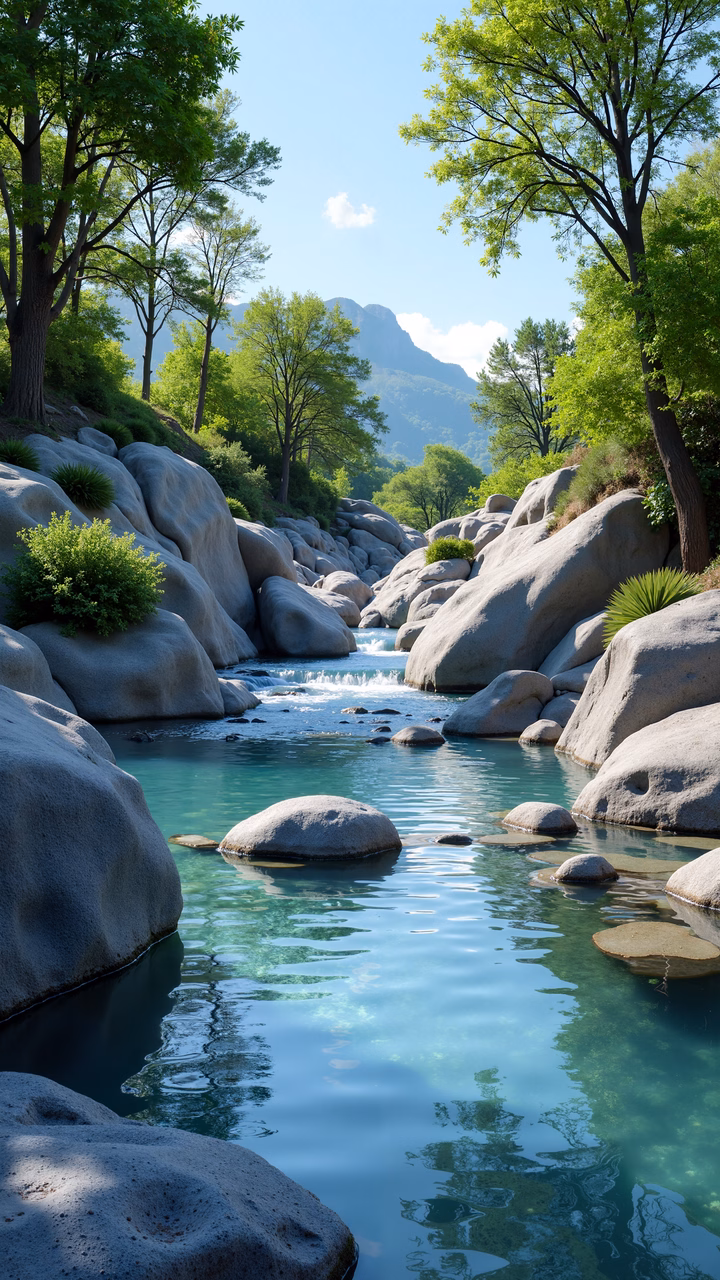 A peaceful turquoise river surrounded by rocks and greenery under a clear blue sky.