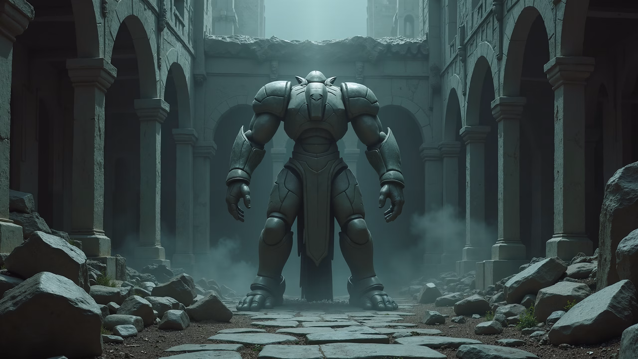 A towering robot amidst ruins, evoking a sense of decay and abandonment.