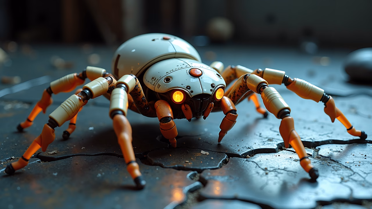 A robot spider with glowing eyes in a dark, industrial setting.