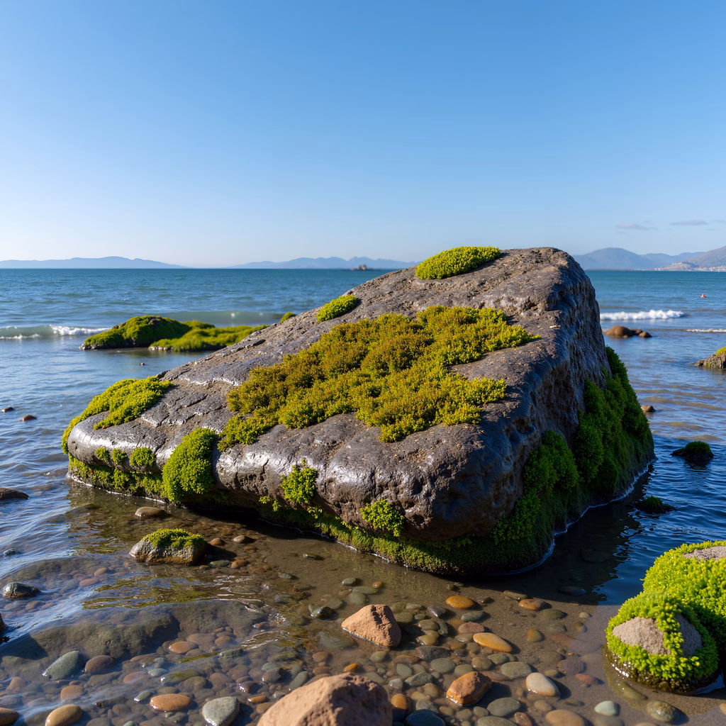 Rock covered in moss, serene coastal landscape, natural light, vibrant green