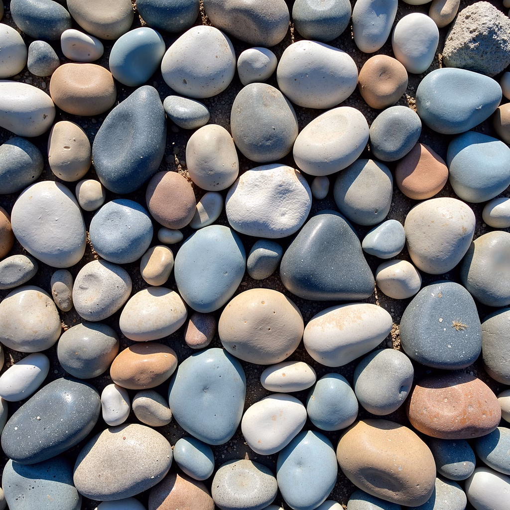 Close-up of smooth rocks on a sandy surface, illuminated by sunlight.