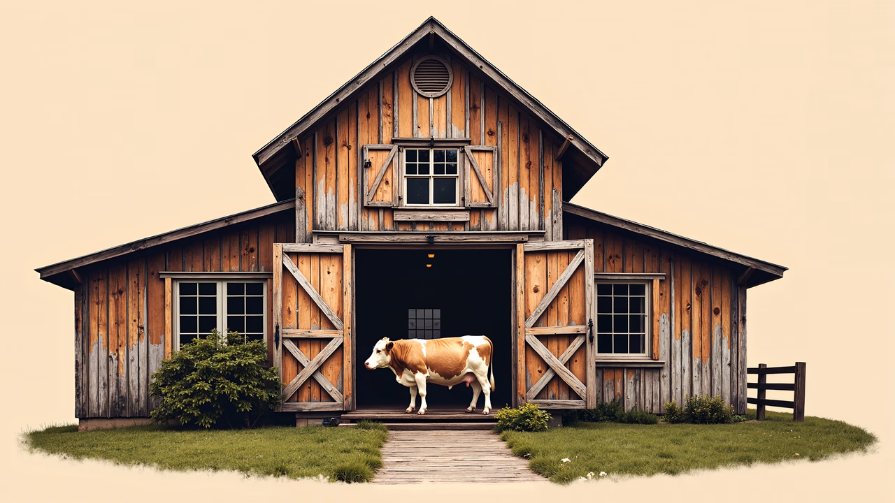 A charming rustic barn with a cow, set in a peaceful countryside environment.