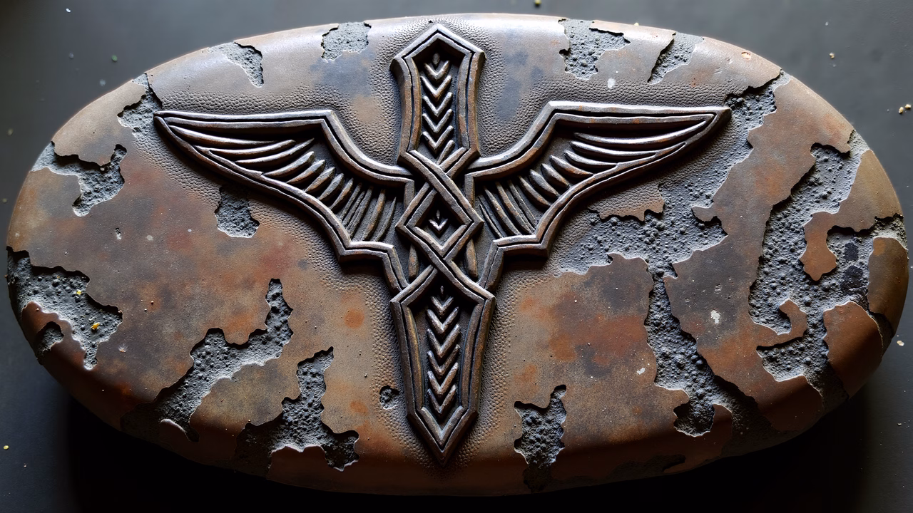 Detailed rustic emblem with intricate patterns and symmetrical wings, evoking medieval fantasy.