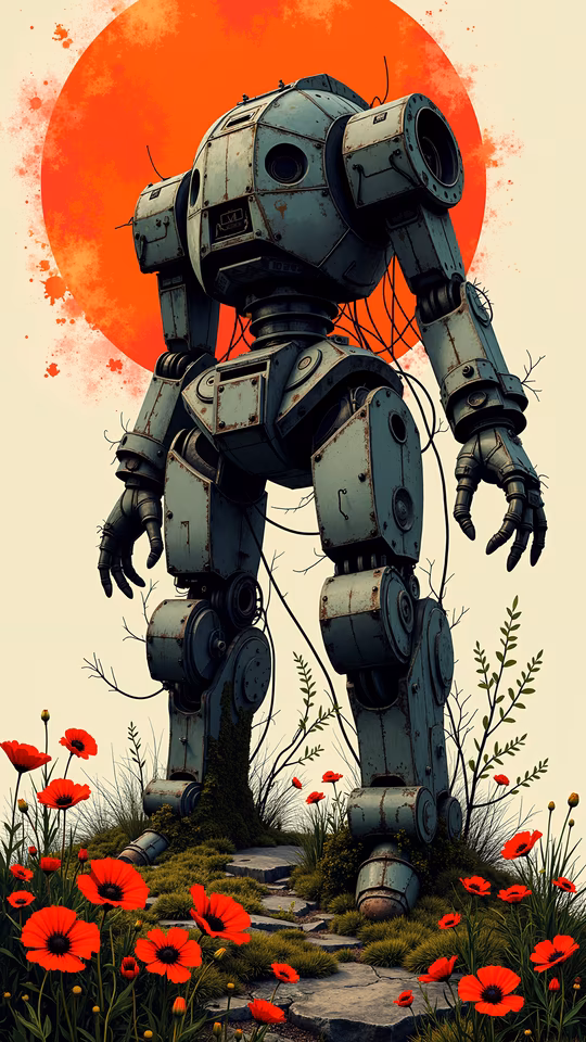 Rusty Robot Among Red Poppies
