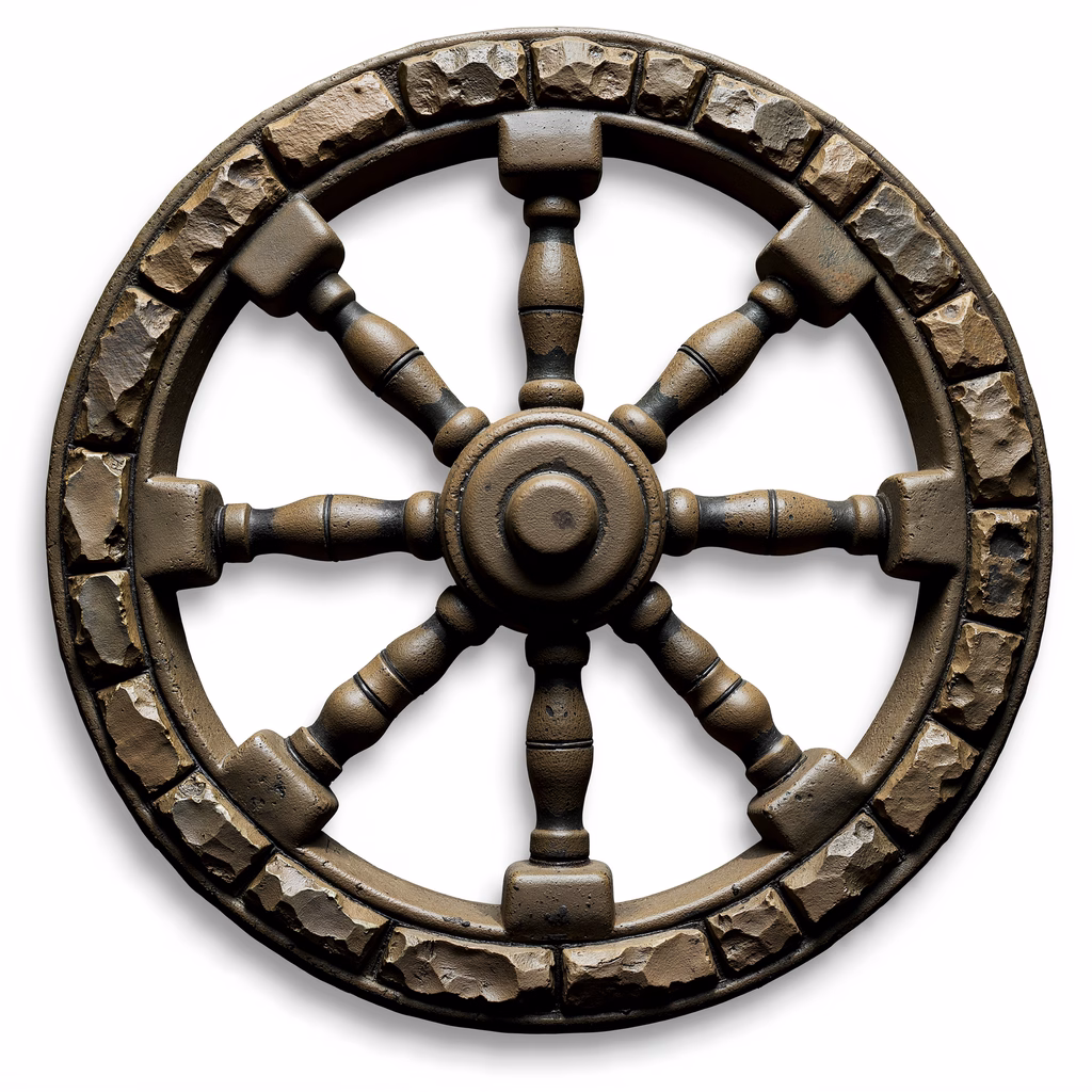 A detailed, textured illustration of a rusted wheel.