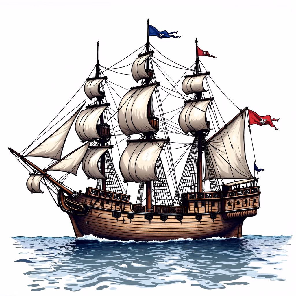 Detailed illustration of a sailing ship with multiple masts and a pirate flag, set against a calm sea.
