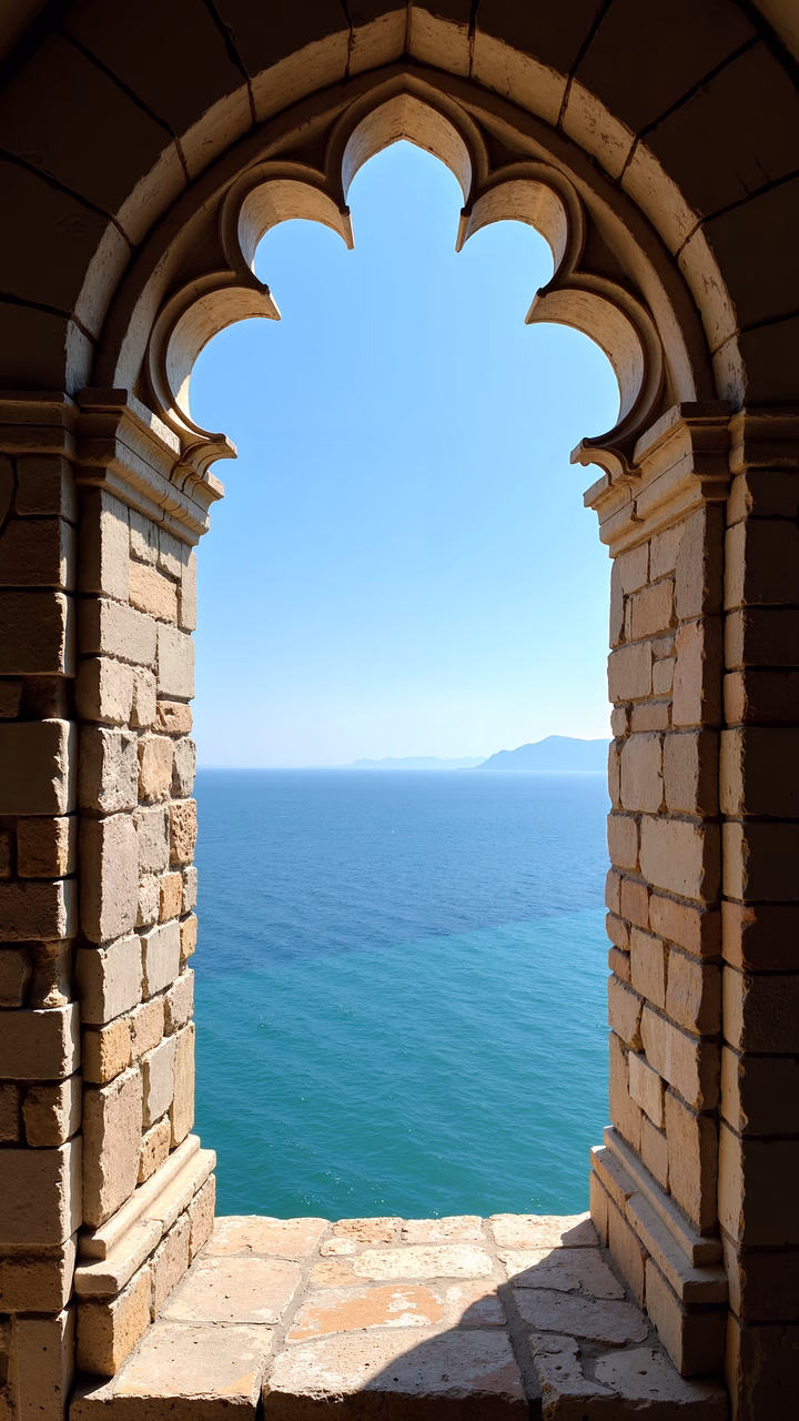 Gothic arch framing the tranquil sea under a clear sky.
