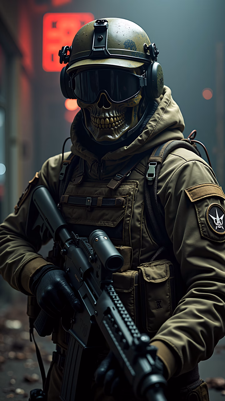 Detailed military-themed illustration featuring a skull-masked soldier with tactical gear and an assault rifle.