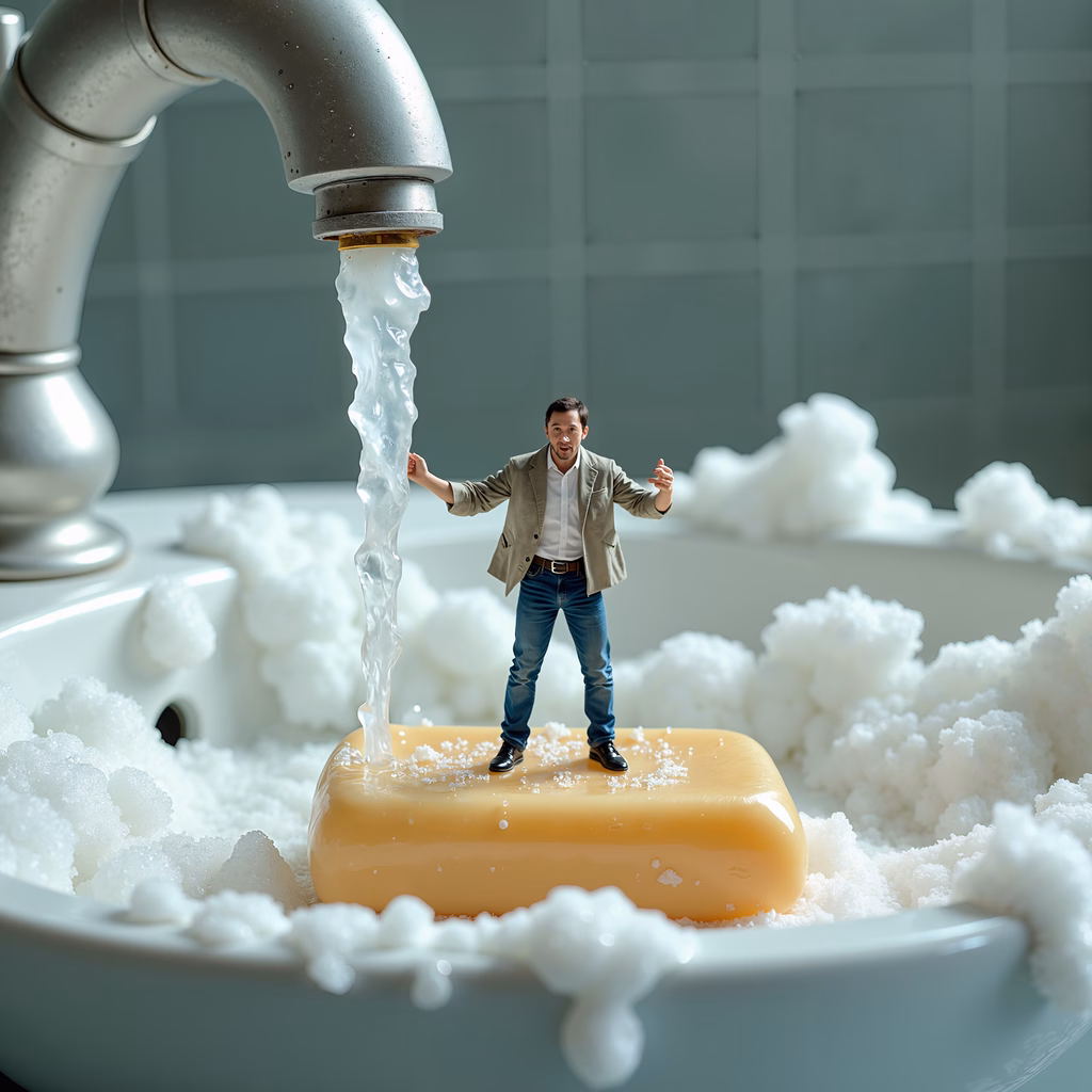 Man on soap bar surrounded by bubbles, surreal fantasy scene