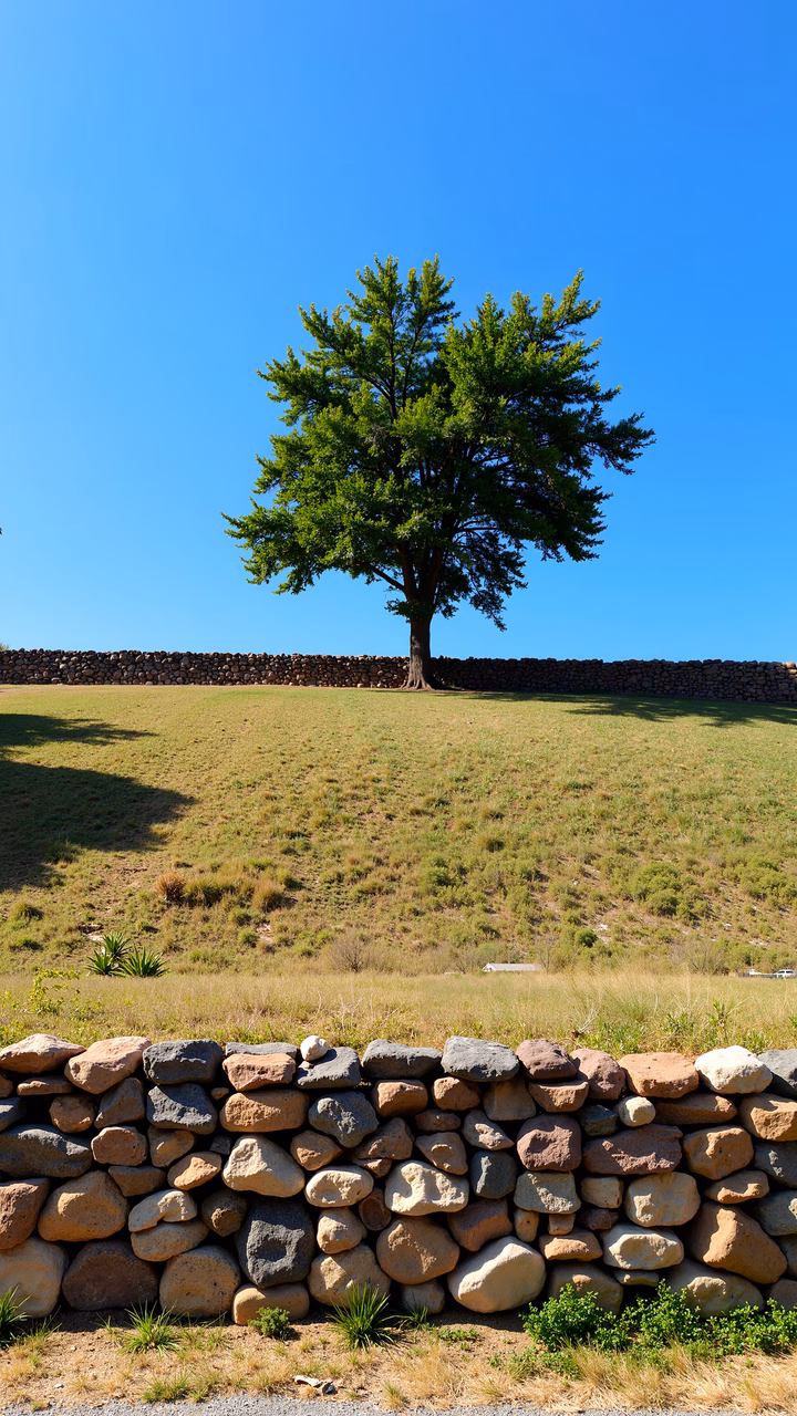 A lone tree casting a shadow on a grassy hill, framed by a stone wall.