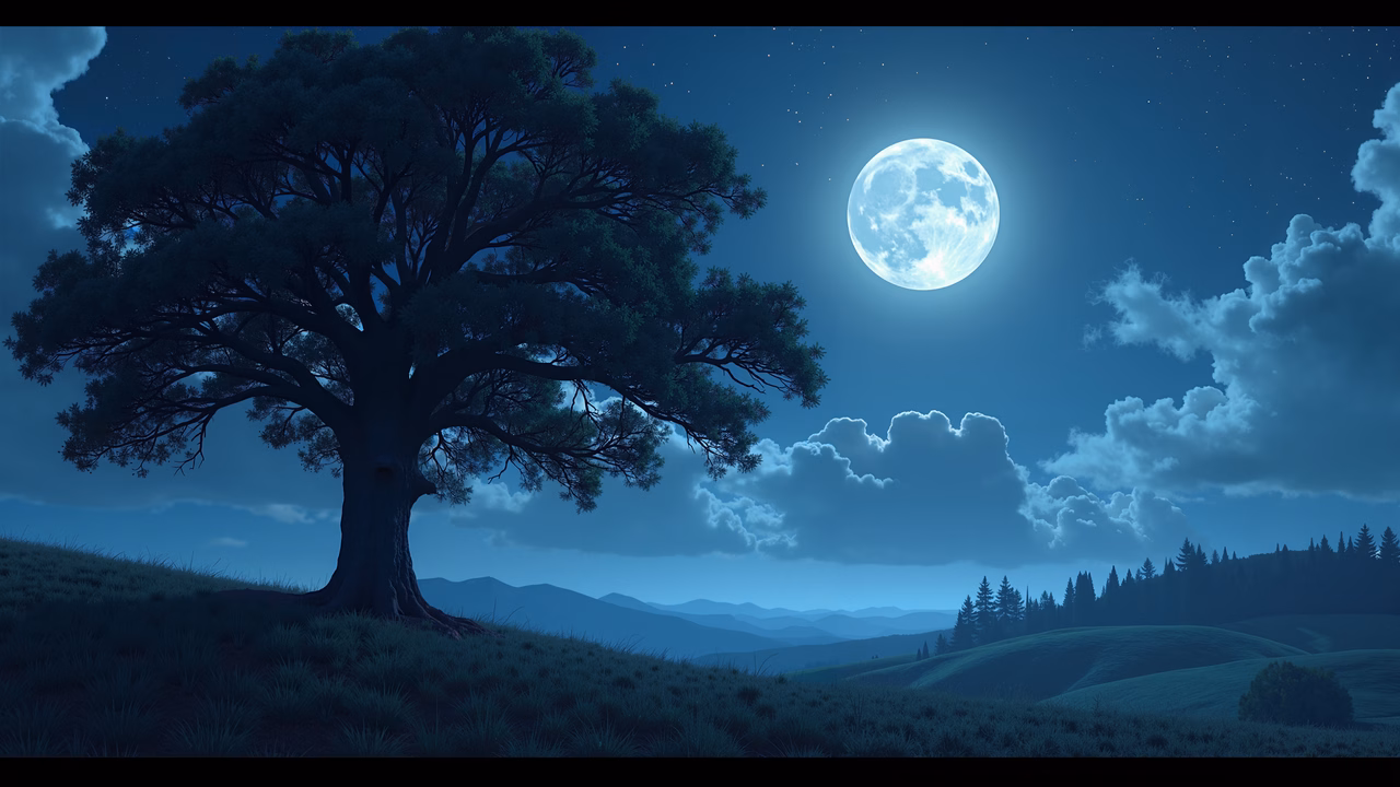 A peaceful night scene featuring a lone tree illuminated by a full moon.
