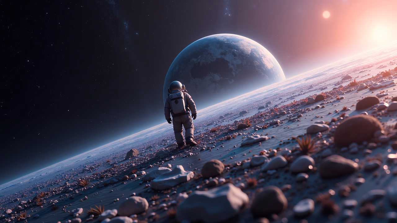 Astronaut on alien planet, gazing at Earth, space exploration, solitude, wonder