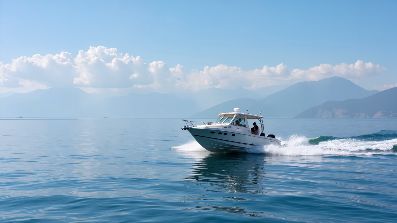 Speedboat navigating calm waters under a bright blue sky.