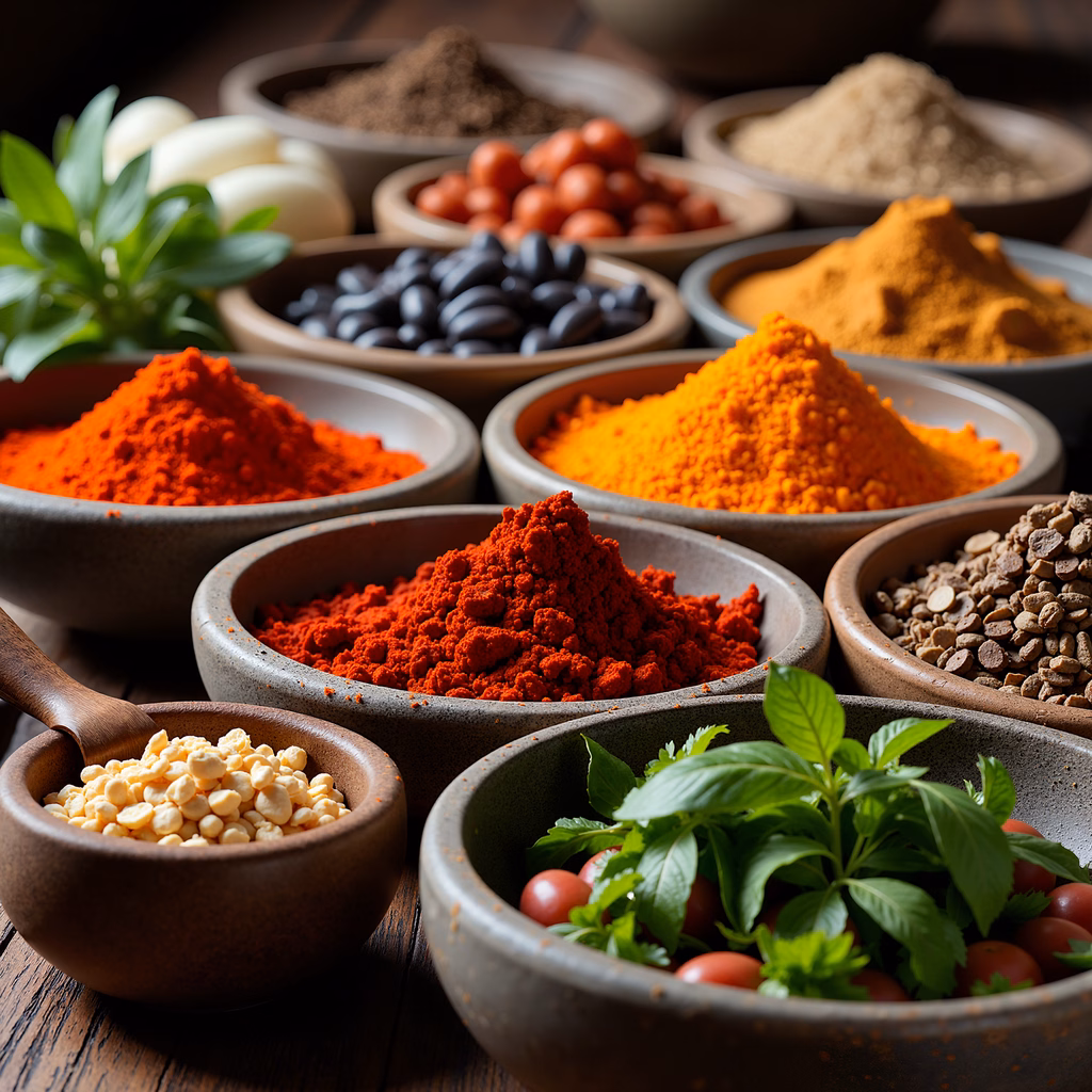 Vibrant spice bowls on a wooden table, featuring herbs and spices.
