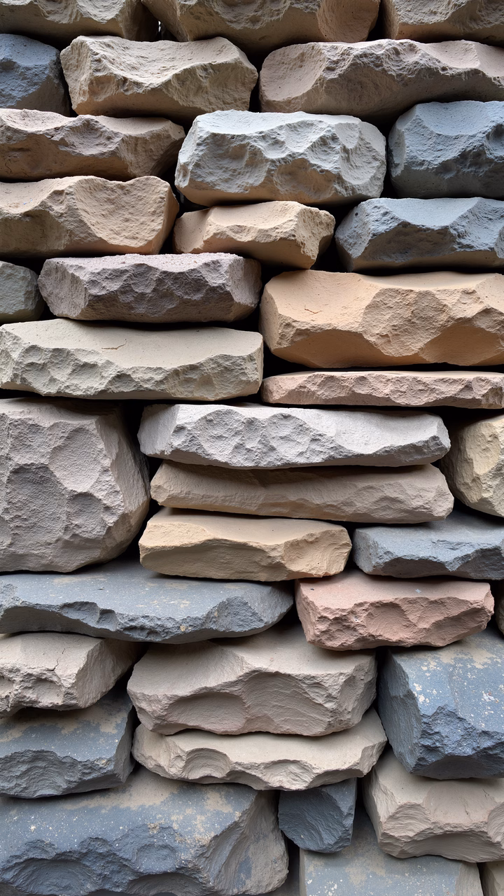 Close-up of stacked rocks with earthy tones and textured surfaces.