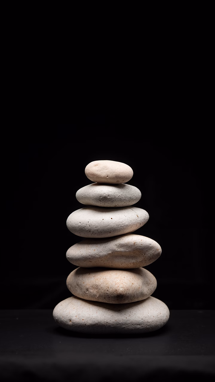 Minimalist still life photography featuring a balanced stack of smooth stones against a dark backdrop.