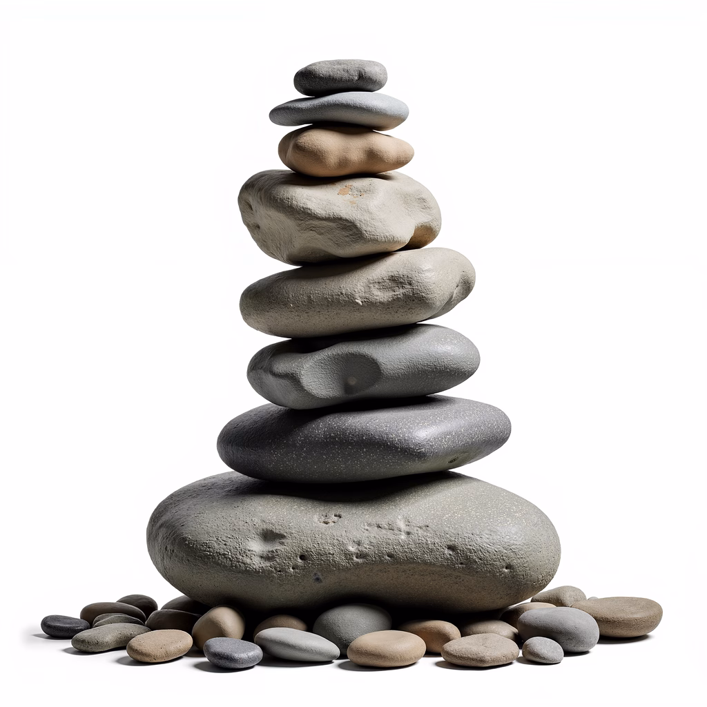 A balanced stack of smooth stones against a white backdrop, symbolizing balance and harmony.