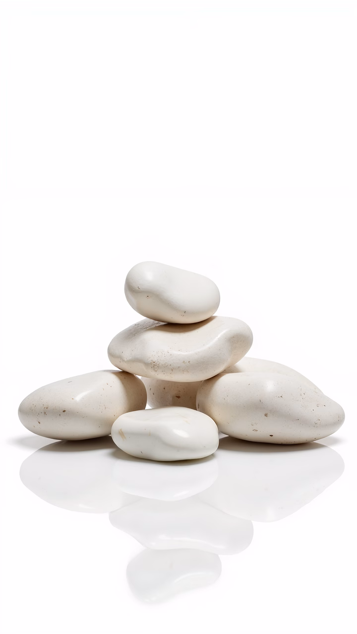 Minimalist still life photography of smooth, white stones.