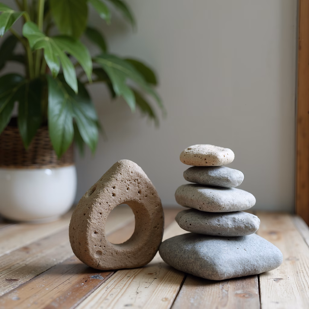 A tranquil still life with stacked stones and greenery, showcasing natural textures and soft lighting.