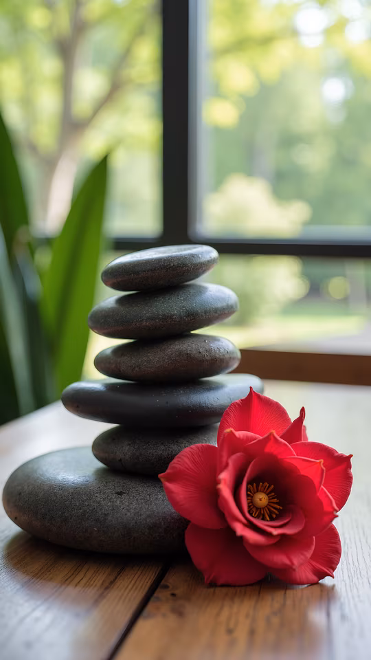 Stacked Stones and Red Flower