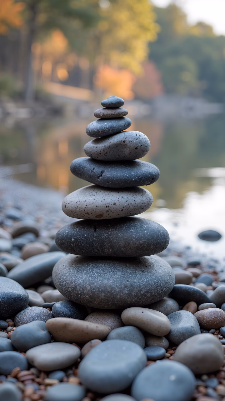 Balanced stones against a tranquil autumn backdrop.