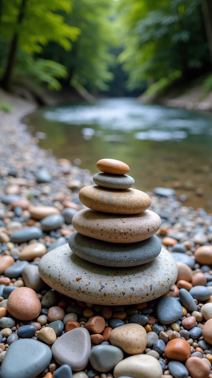 A balanced stack of stones against a peaceful river backdrop.