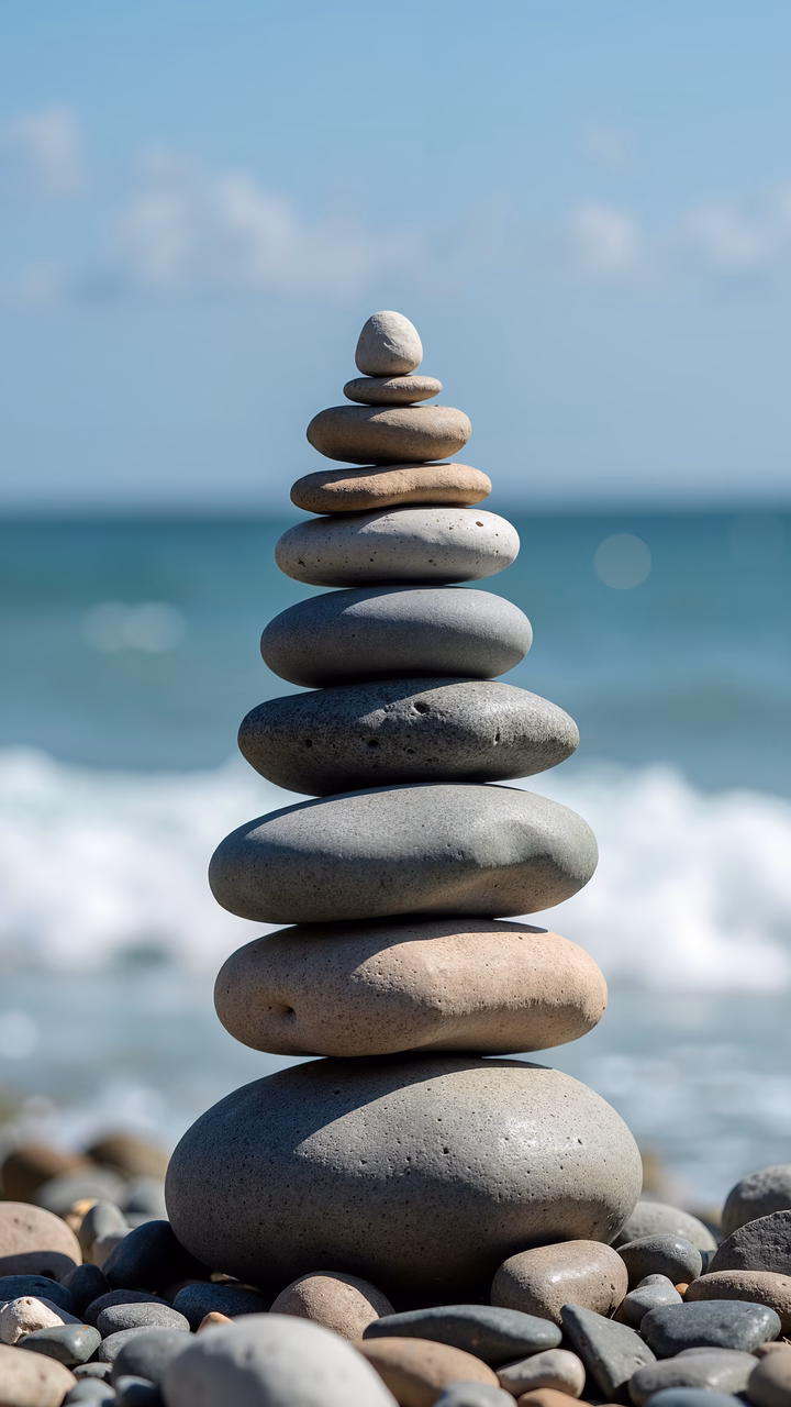 Stacked stones by the sea, serene coastal landscape