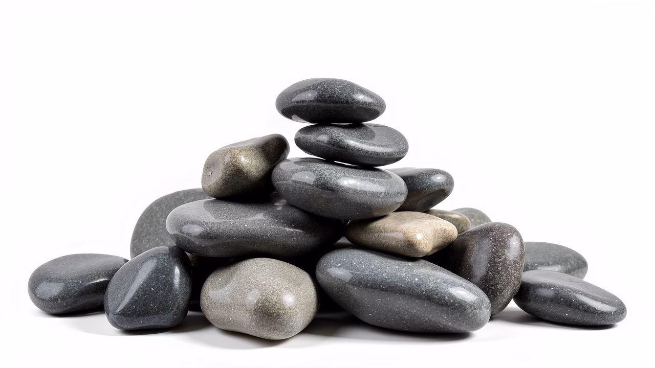 Natural stone stack with glossy textures and varied shapes.