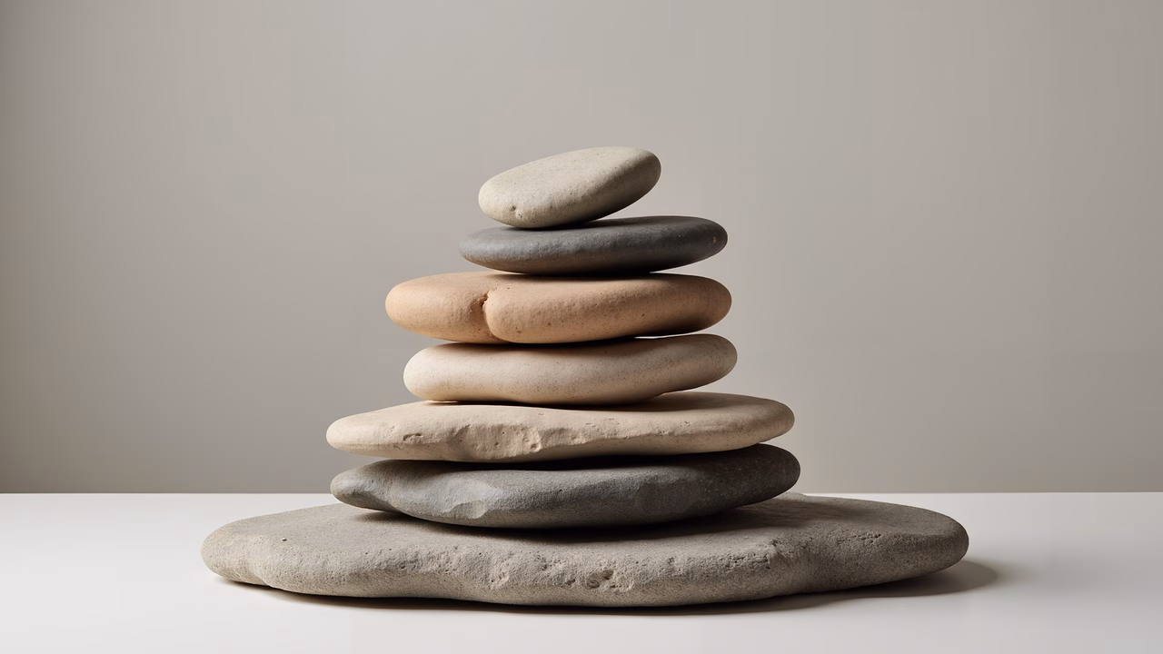 Minimalist still life featuring balanced stone stack.