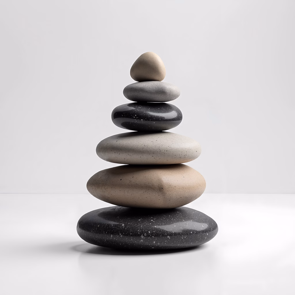 Symmetrical stone stack in soft lighting, symbolizing balance and tranquility.