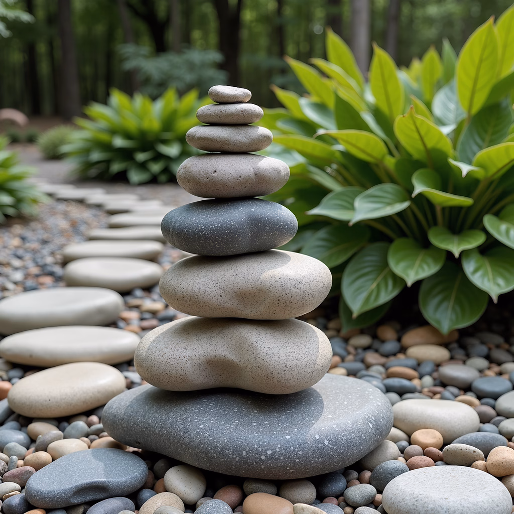 Balanced stones in a serene forest setting, capturing nature's harmony.