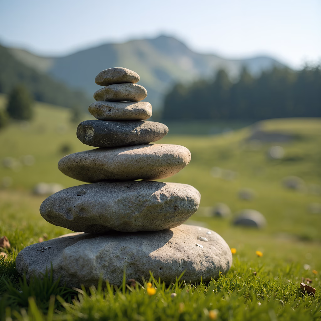 A serene stack of stones in a vibrant green meadow under a clear blue sky.