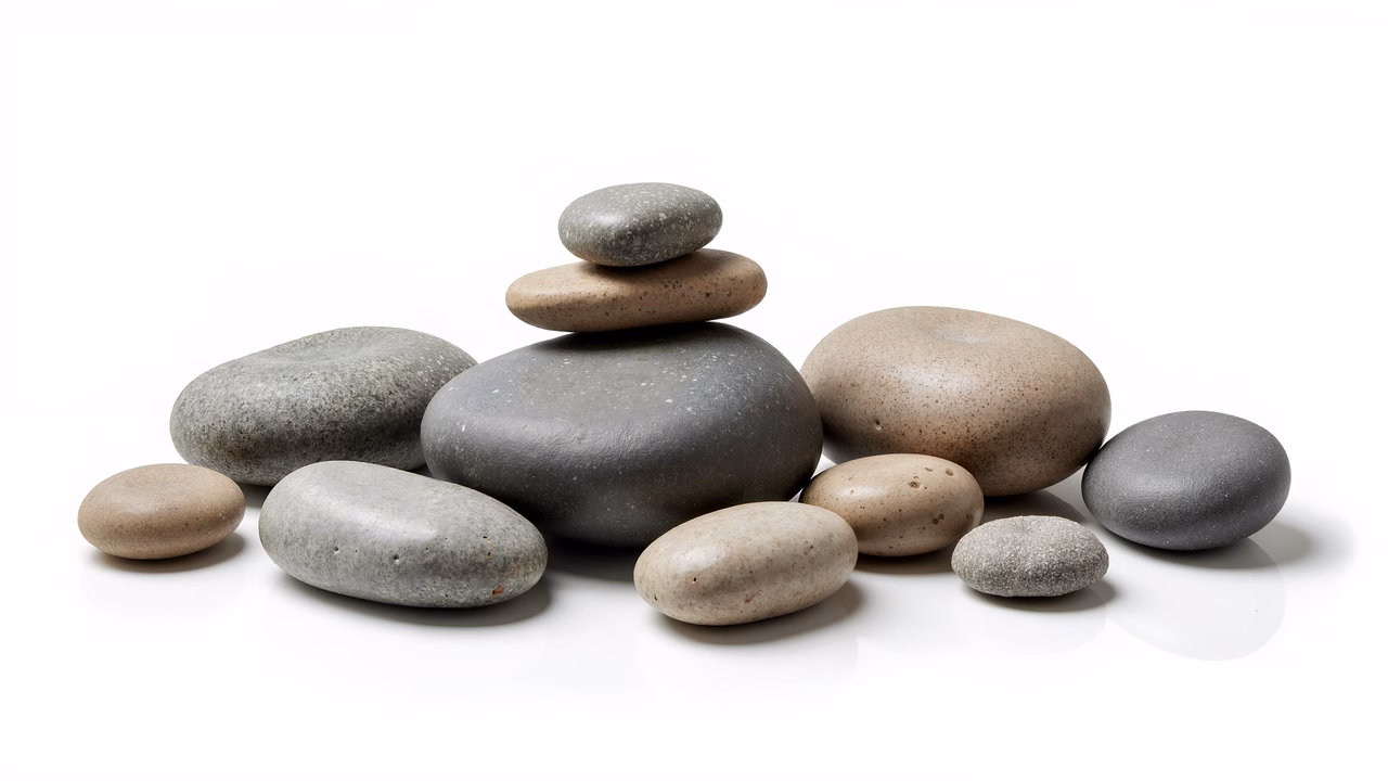 A peaceful stack of stones on a white background, showcasing natural textures and muted colors.