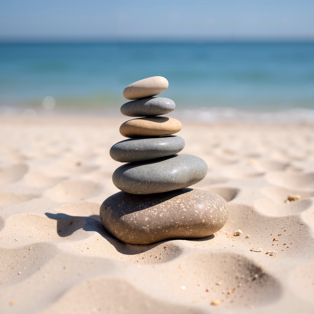 Stacked stones on a peaceful beach, balancing nature's tranquility.