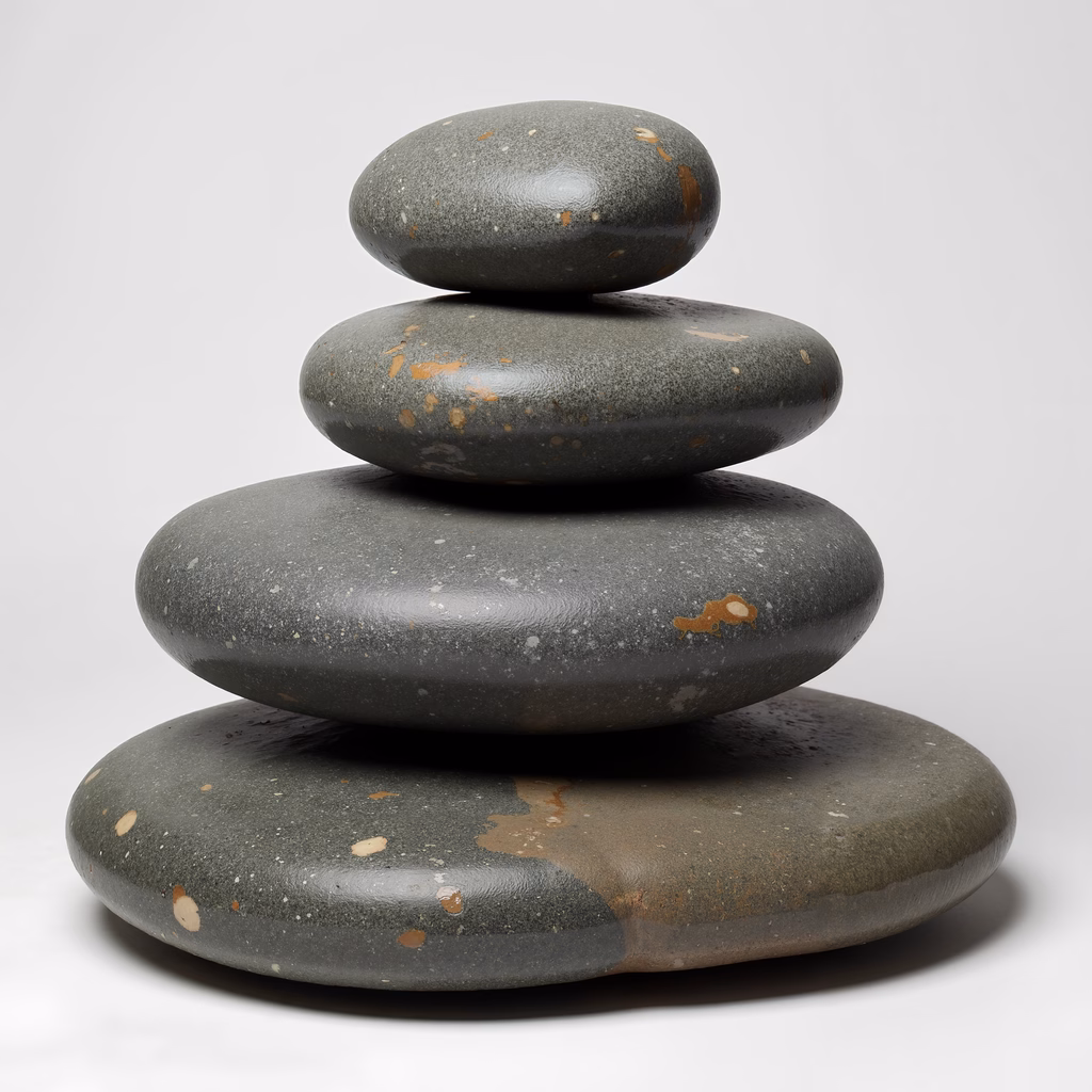 A peaceful stack of stones against a clean white backdrop.