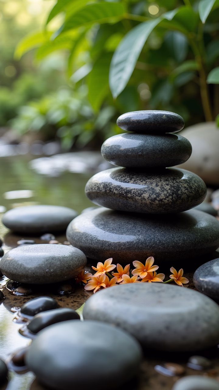 Stacked stones with vibrant orange flowers in a serene natural setting.