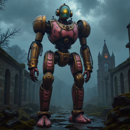 Steampunk Robot in Gothic Landscape