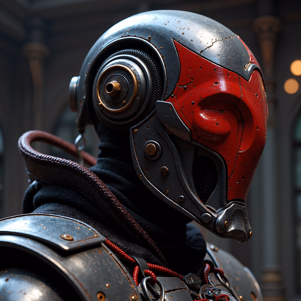 Detailed steampunk warrior helmet with intricate gears and bold colors.