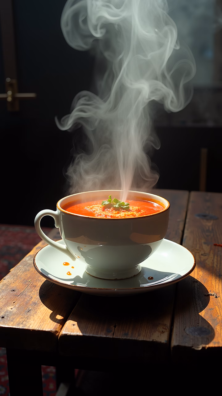 A steaming bowl of tomato soup on a wooden table, evoking warmth and comfort.
