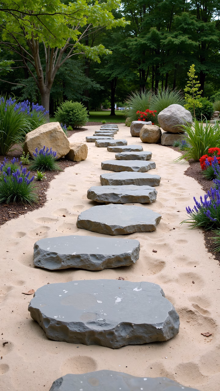 A peaceful pathway with stepping stones and colorful flowers.