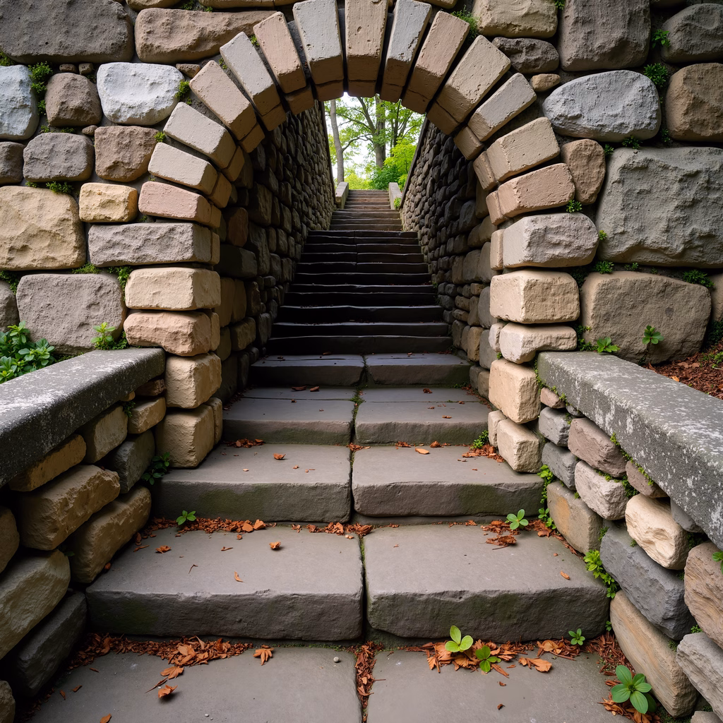 A tranquil stone archway leading to a staircase amidst greenery, captured in natural light.