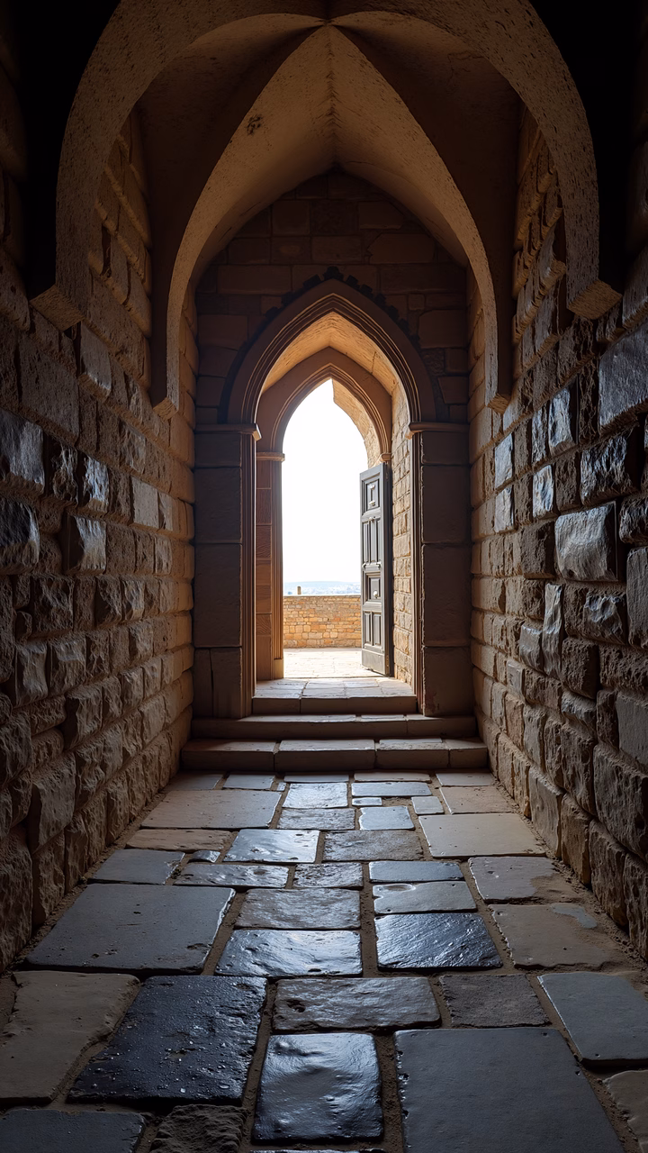 Sunlit stone archway leading to a courtyard, architectural beauty, natural light contrast