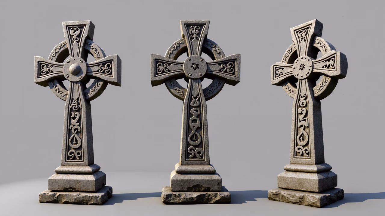 Detailed stone Celtic crosses with intricate designs and a serene atmosphere.