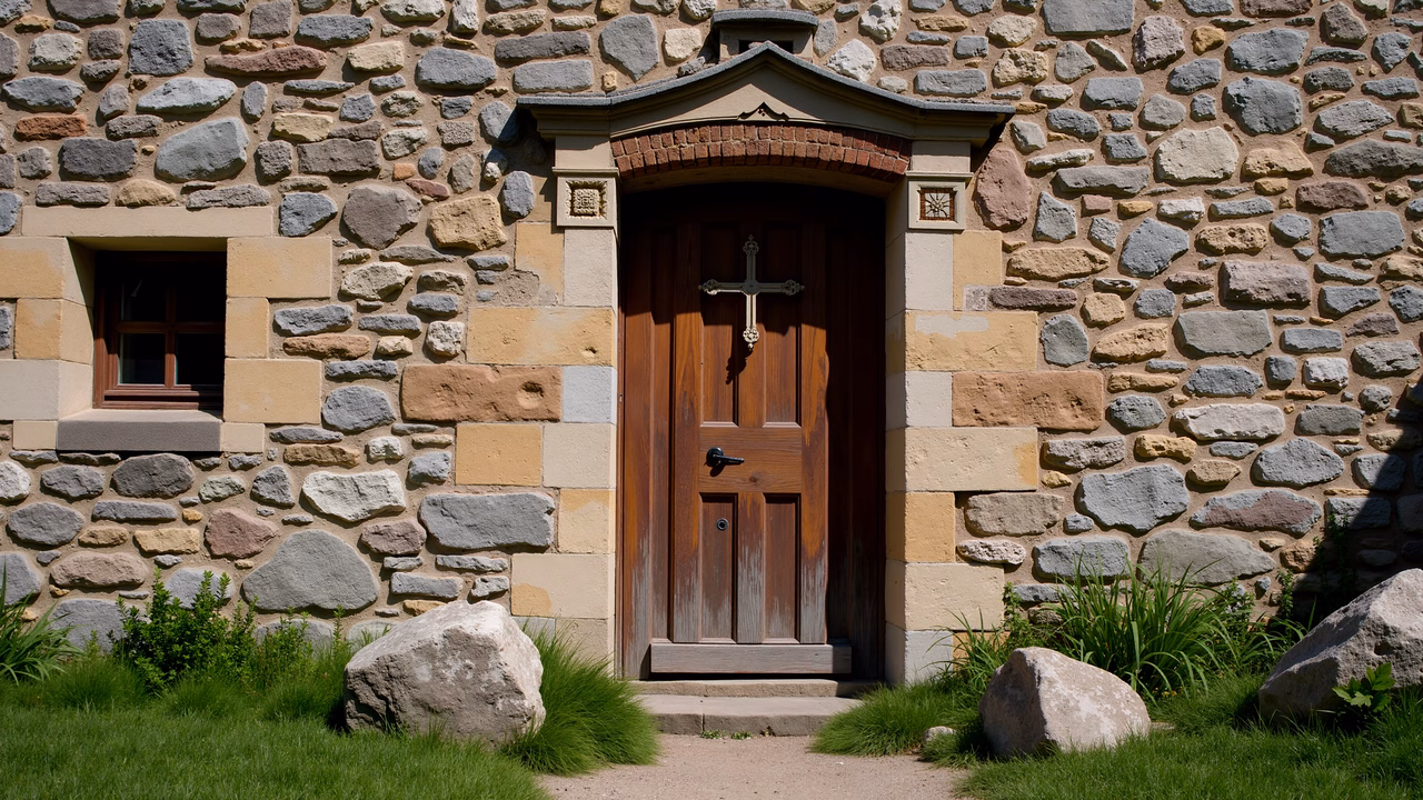 Rustic stone church door with wooden cross, serene natural surroundings.
