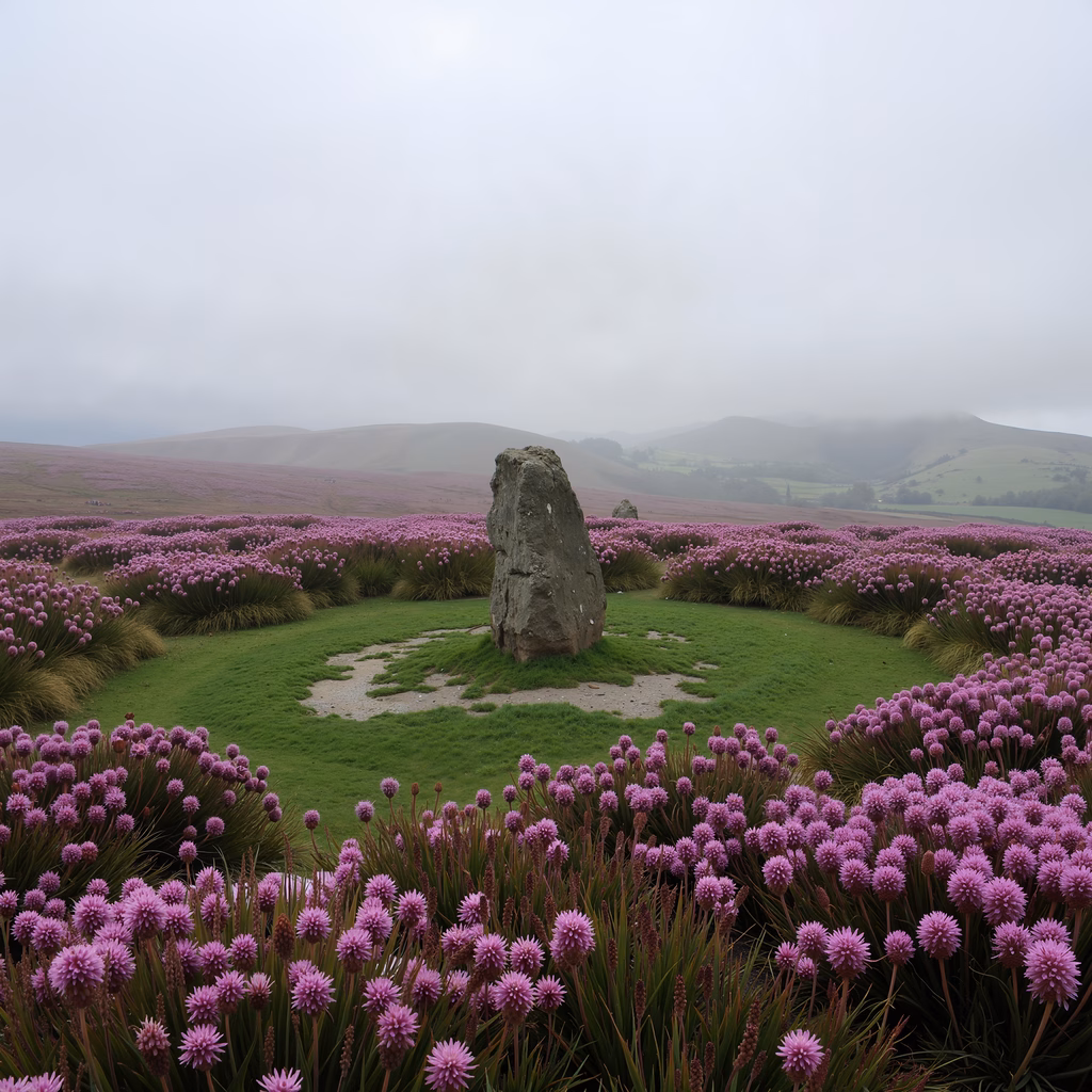 Stone circle surrounded by purple heather under an overcast sky, evoking tranquility and mystery.