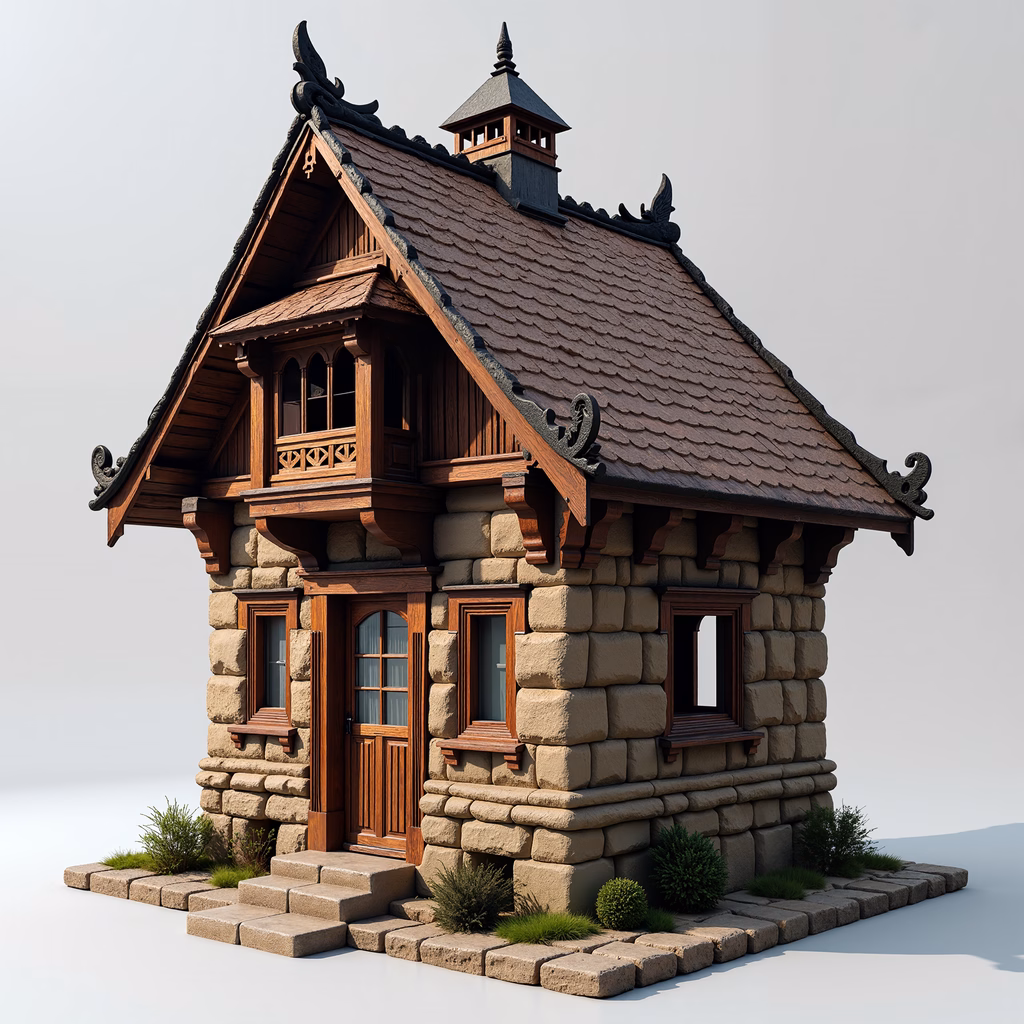 A quaint stone cottage with detailed wooden accents and warm tones.